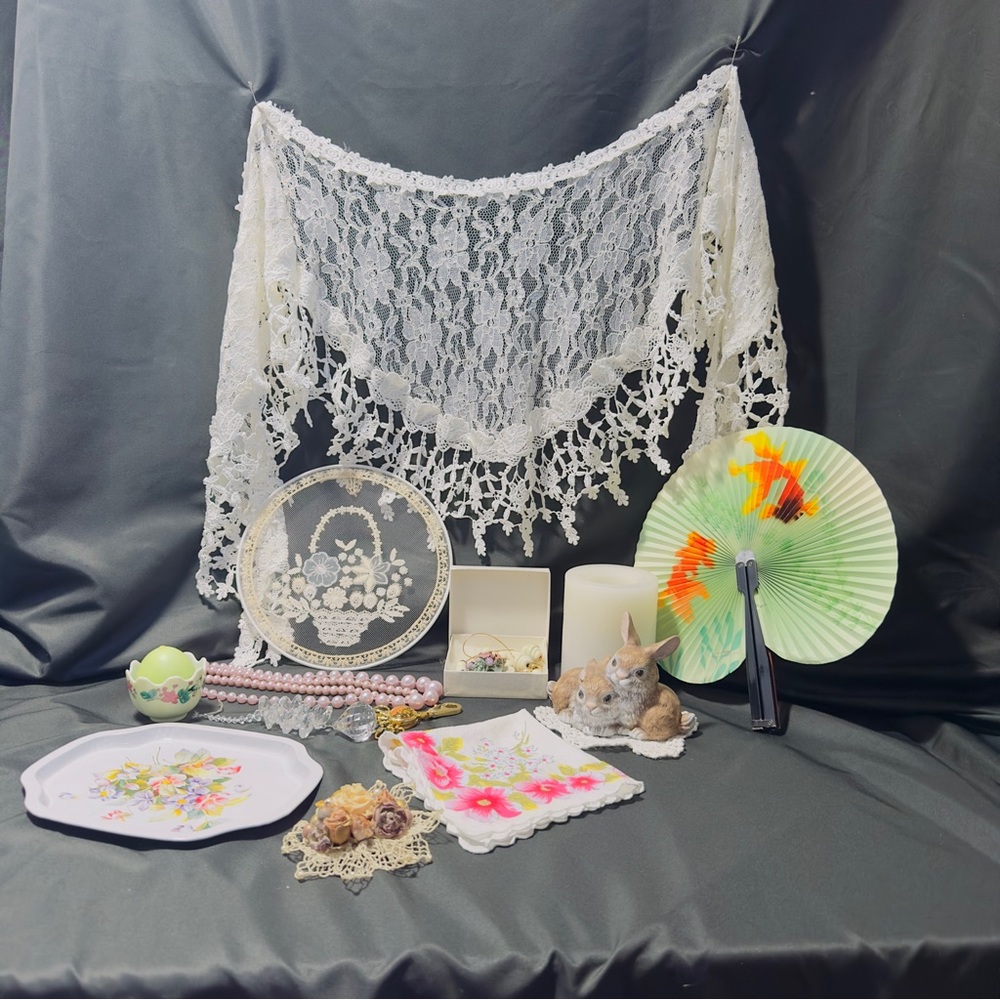 Vintage Vignette Collection of Lace Decor Dresser Tablescape Wall Spring Country